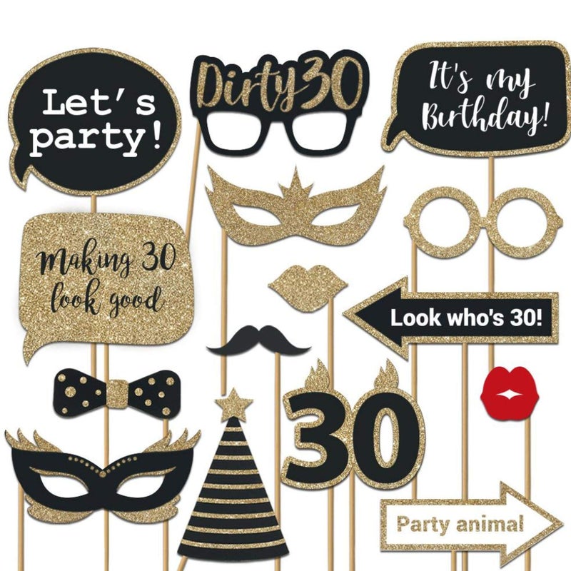 Perfect Occasion Fully Assembled 30th Birthday Photo Booth Props - Set of 30 - Black & Gold Selfie Signs - 30th Party Supplies & Decorations - Cute Bday Designs with Real Glitter - Did We Mention No DIY - Image 1
